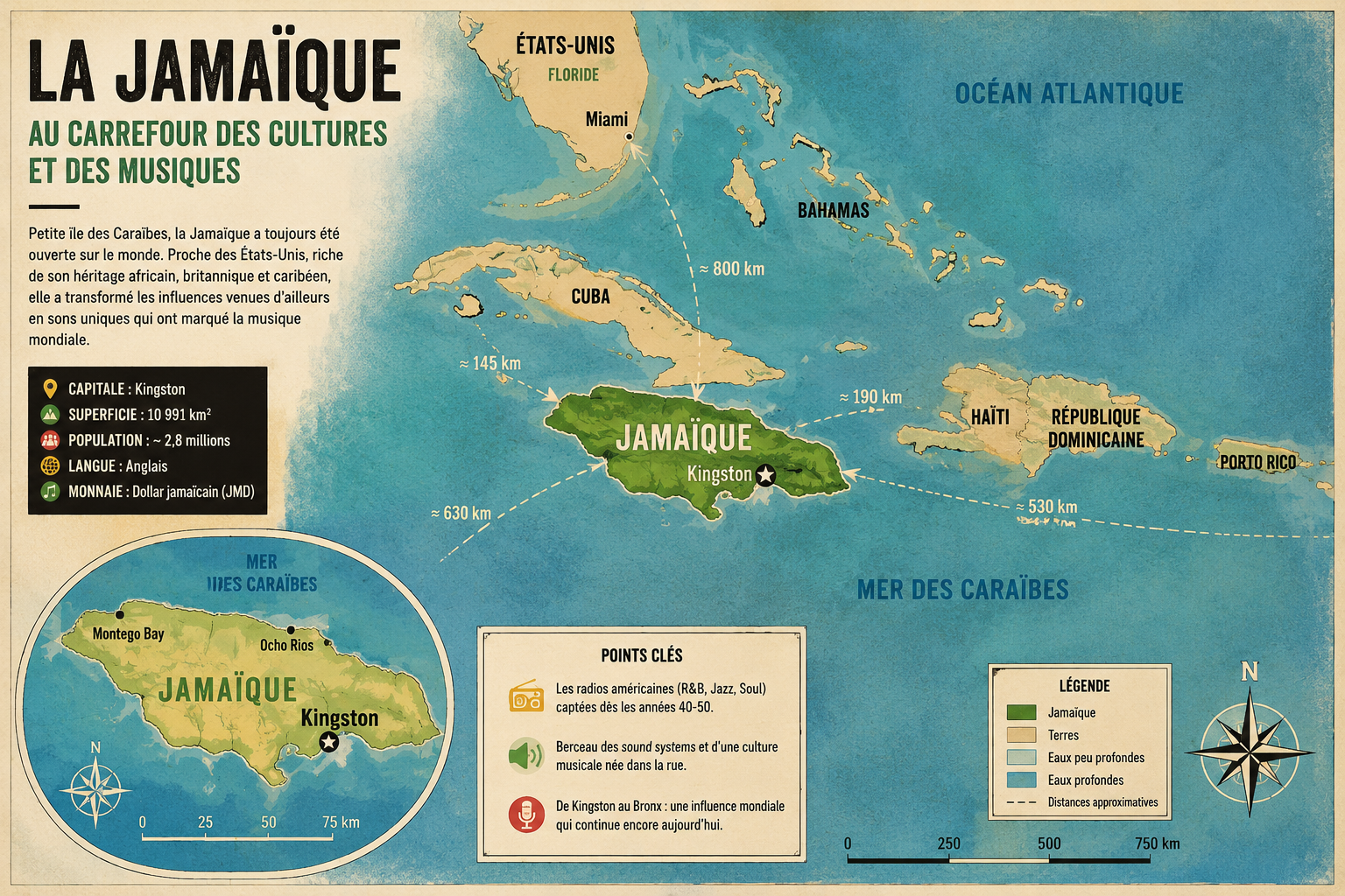 Carte de la Jamaïque dans les Caraïbes et de ses influences musicales